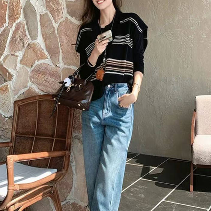 【条纹v领马甲】新款韩系条纹深v领针织马甲x668