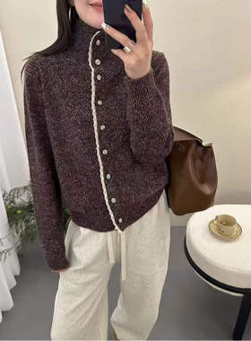 【蕾丝花纱开衫】新款半高领花纱面蕾丝针织洋气开衫x1065