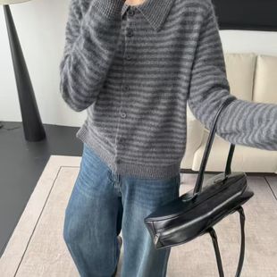 条纹洋气翻领针织开衫 高领版 新款 x910 高定条纹