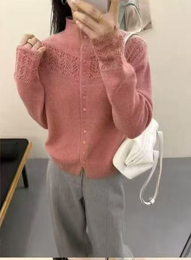 【镂空钩花】新款半高领镂空温柔感洋气钩花针织开衫x1006