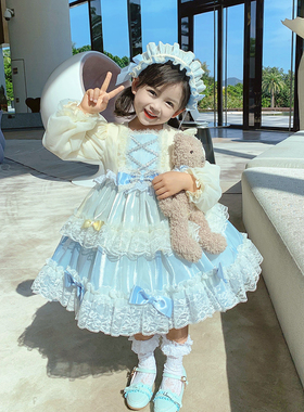 热销爆款女童洛丽塔公主裙带头饰蓝色连衣裙夏季甜美风裙子礼服