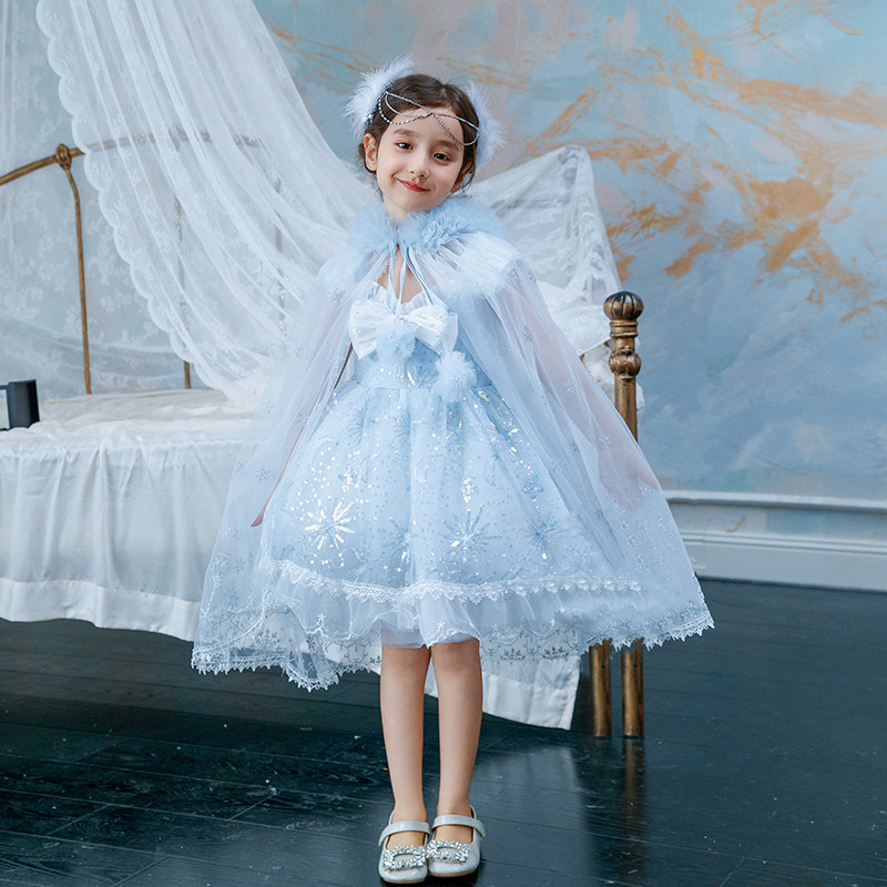 甜汐女童蓝色重工洛丽塔小女孩连衣裙带披风公主裙套装生日两件套