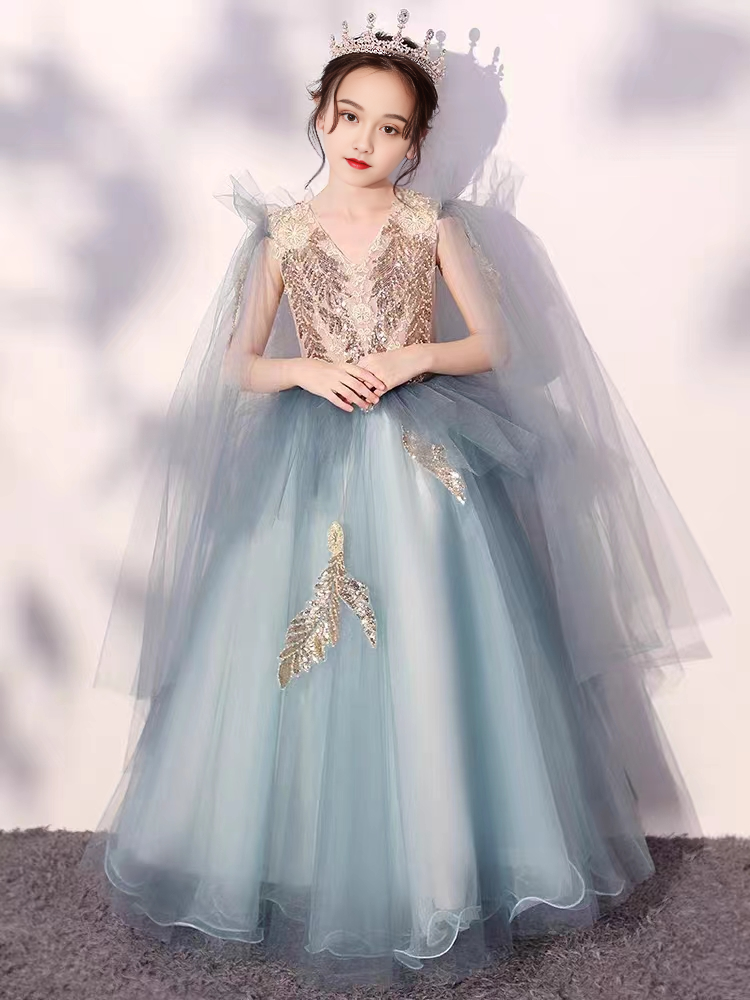 胖女童梦幻礼服裙子蓝色主持走秀演出服公主裙钢琴古筝儿童连衣裙