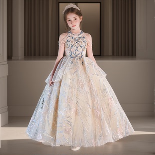 大童女童生日宴礼服高端主持钢琴表演演出服香槟色重工钉珠轻奢裙