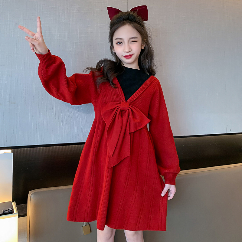 女童小香风红色连衣裙