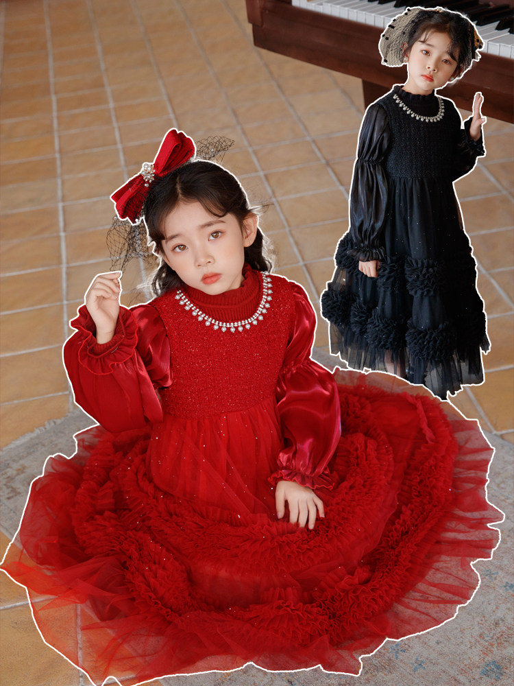 女童公主裙红色过年衣服儿童冬季洋气连衣裙高级感秋冬款加绒裙子