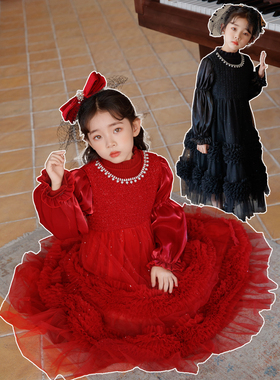 女童公主裙红色过年衣服儿童冬季洋气连衣裙高级感秋冬款加绒裙子