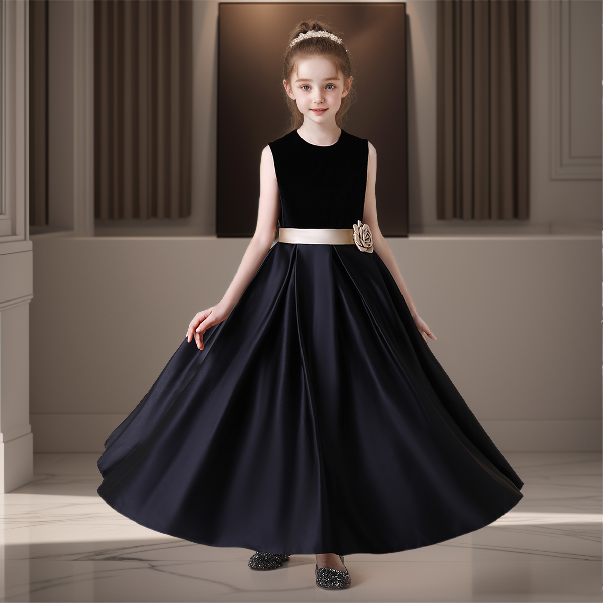 胖女童大码礼服裙初中生女孩成人礼黑色缎面大童钢琴演出服连衣裙,童装/婴儿装/亲子装,儿童礼服,淘宝优惠券,粉丝福利购,淘宝优惠卷