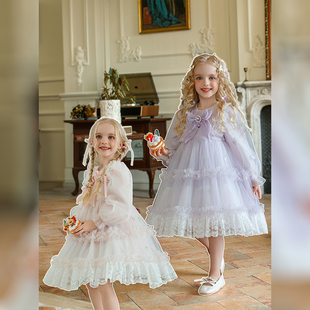 女童洛丽塔公主裙春秋新款蝴蝶结粉色连衣裙日常紫色长袖生日裙子