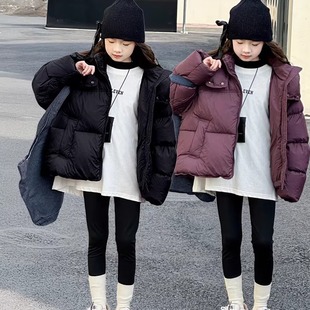 中大女童紫色黑色短款羽绒服连帽蓬松保暖加厚休闲外套防风面包服