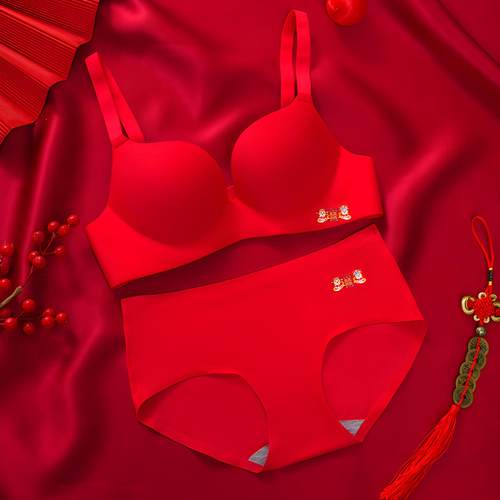 维多利亚夜晚新娘文胸性感聚拢小胸显大本命年新婚大红色内衣套装