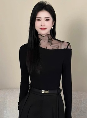 蕾丝拼接高领长袖打底T恤女秋冬新款设计感修身显瘦辣妹短款上衣