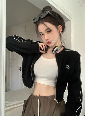 黑色棒球服薄款长袖运动外套女早秋辣妹立领拉链短款开衫上衣ins