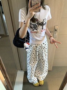 美式 女春夏季 高腰显瘦慵懒风宽松直筒休闲长裤 复古小狗印花阔腿裤