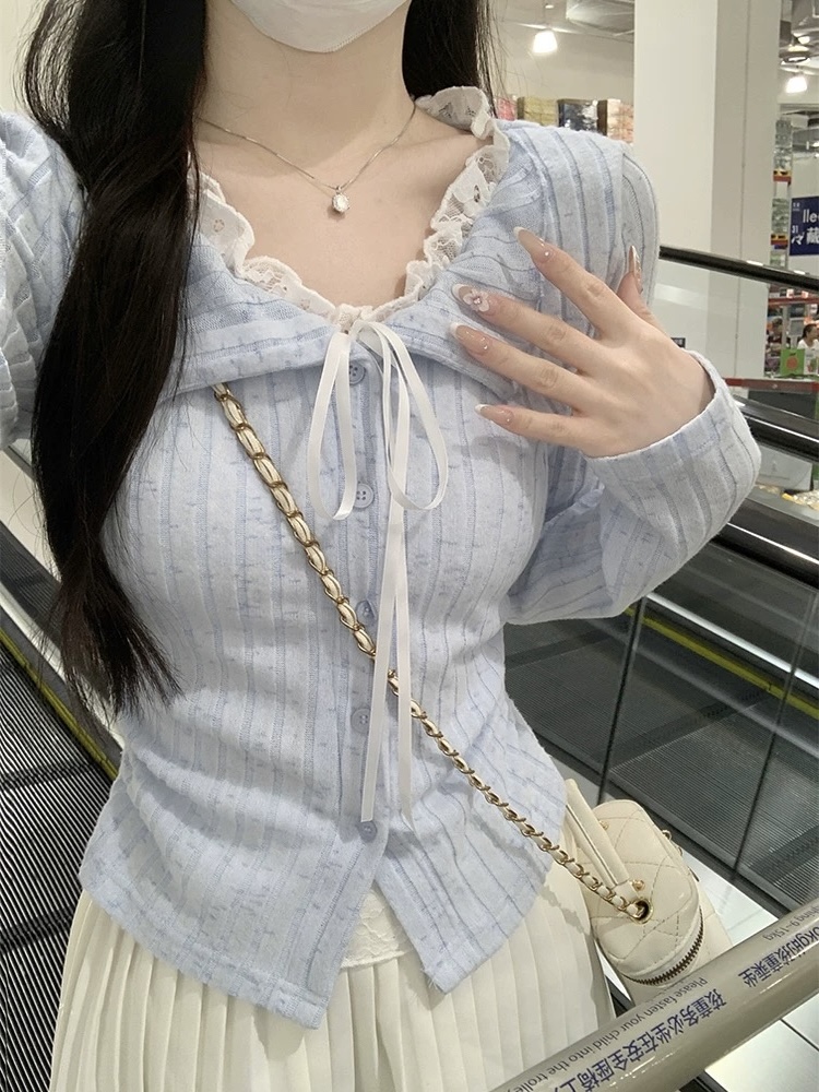 纯欲风蓝色蕾丝蝴蝶结长袖t恤女