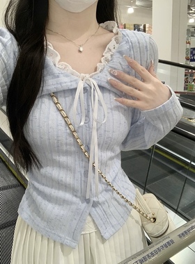 纯欲bm风蓝色蕾丝蝴蝶结假两件长袖t恤女秋冬修身打底衫正肩上衣