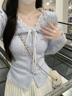 正肩上衣 打底衫 纯欲bm风蓝色蕾丝蝴蝶结假两件长袖 t恤女秋冬修身