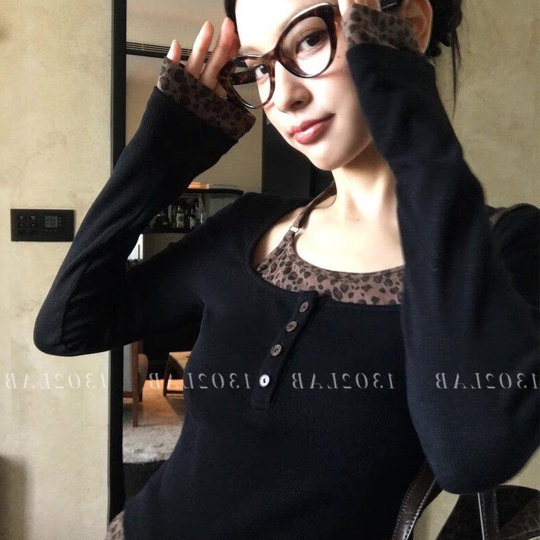 美式复古豹纹拼接假两件长袖T恤