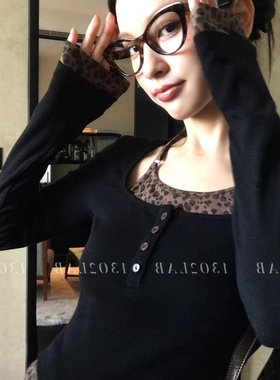 美式复古豹纹拼接假两件挂脖长袖T恤女春秋修身显瘦辣妹短款上衣