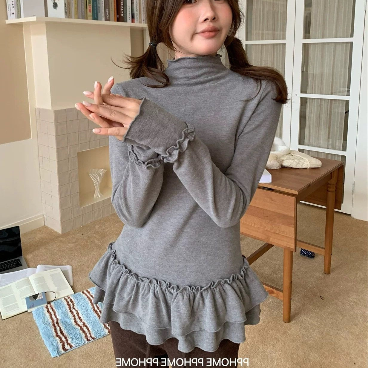 灰色半高领加厚磨毛木耳边长袖T恤女修身显瘦叠穿内搭打底衫上衣,女装/女士精品,T恤,淘宝优惠券,粉丝福利购,淘宝优惠卷