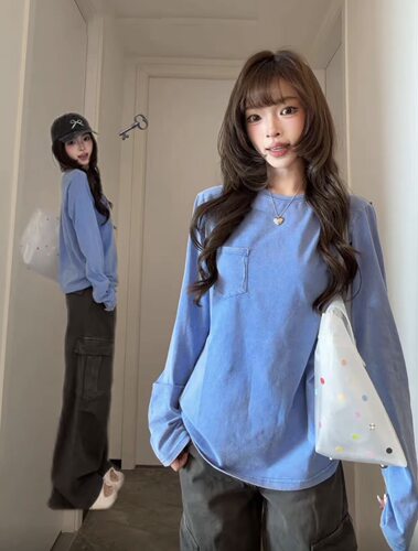 美式复古炒盐做旧长袖t恤女秋季款松弛感百搭休闲修身显瘦打底衫