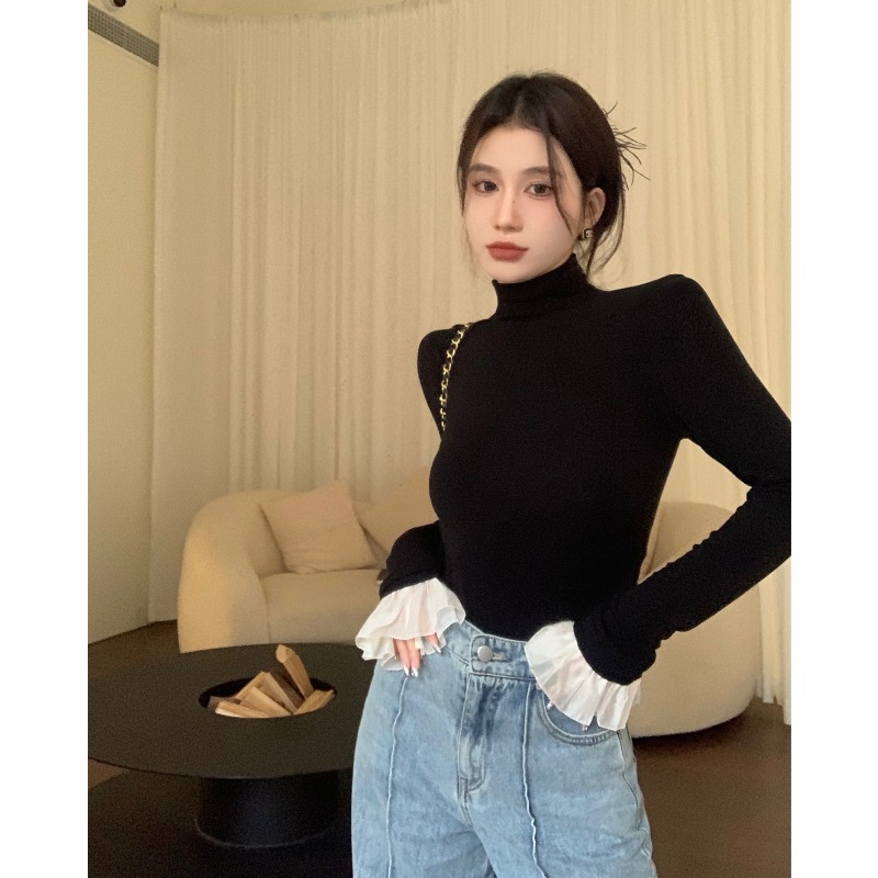 法式黑色高领长袖打底衫t恤女秋冬季新款内搭修身显瘦喇叭袖上衣