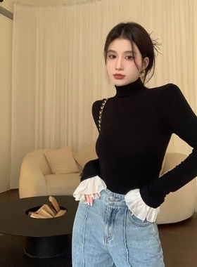 法式黑色高领长袖打底衫t恤女秋冬季新款内搭修身显瘦喇叭袖上衣