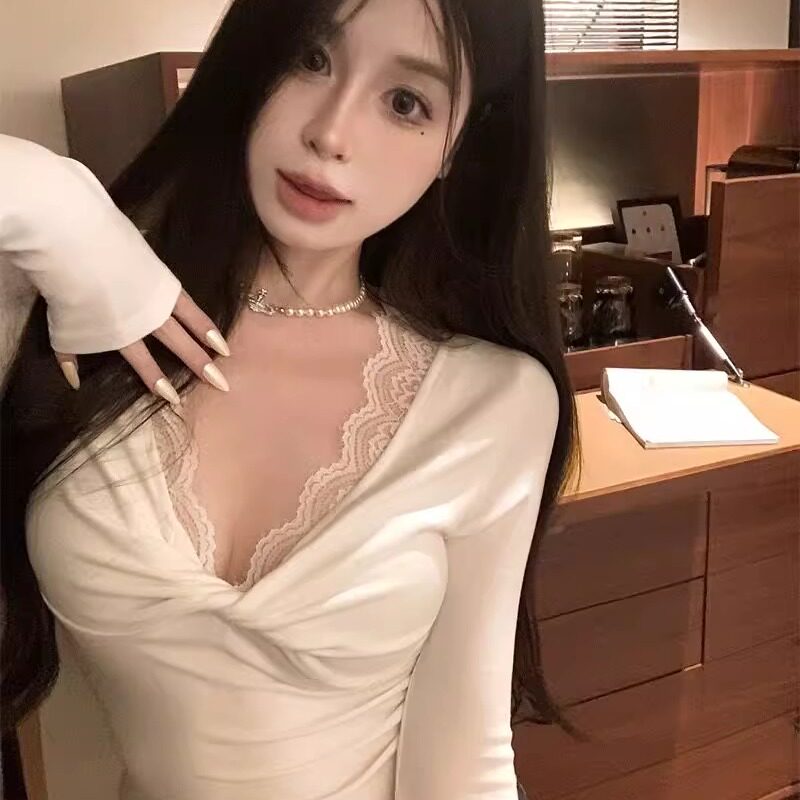 德绒性感扭结v领长袖T恤女秋季T恤