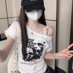 显瘦短款 美式 印花修身 辣妹露肩吊带短袖 斜肩纯欲上衣 t恤女夏新款