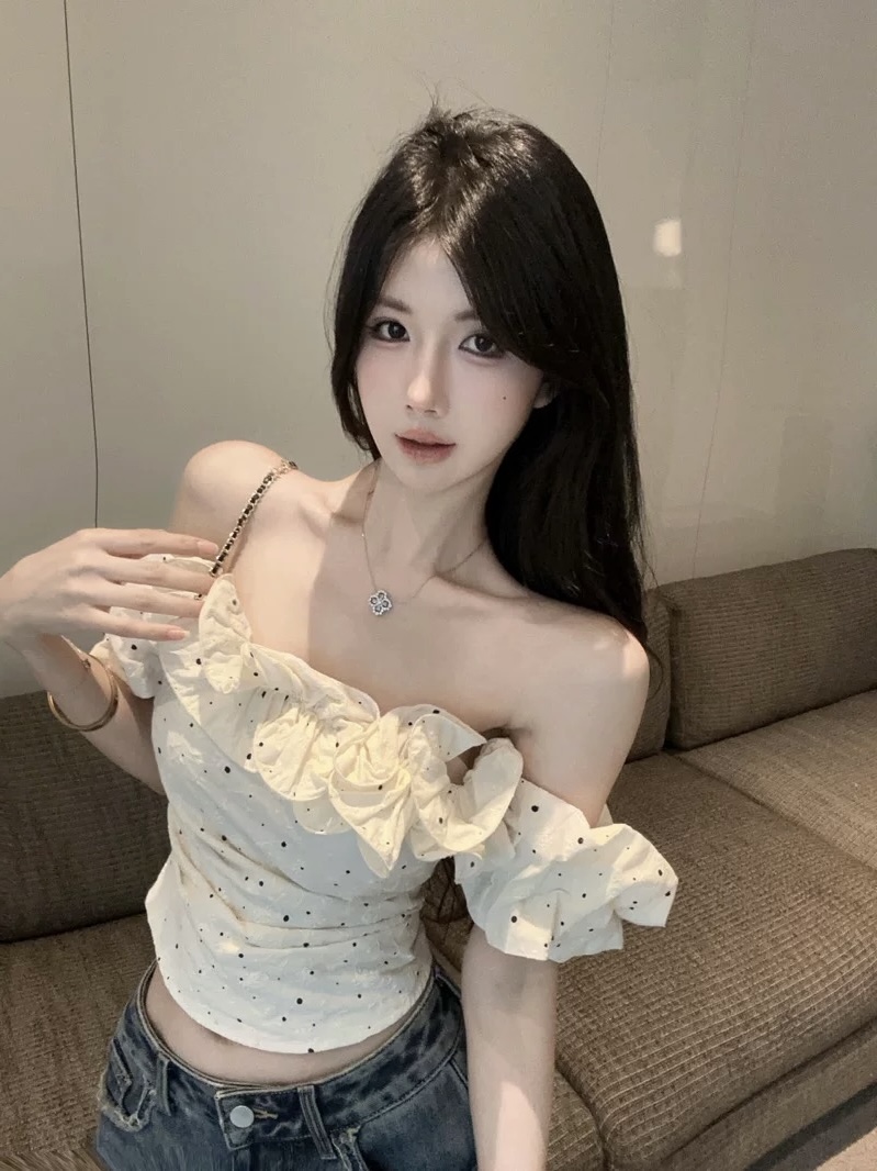 法式一字肩波点T恤女夏季