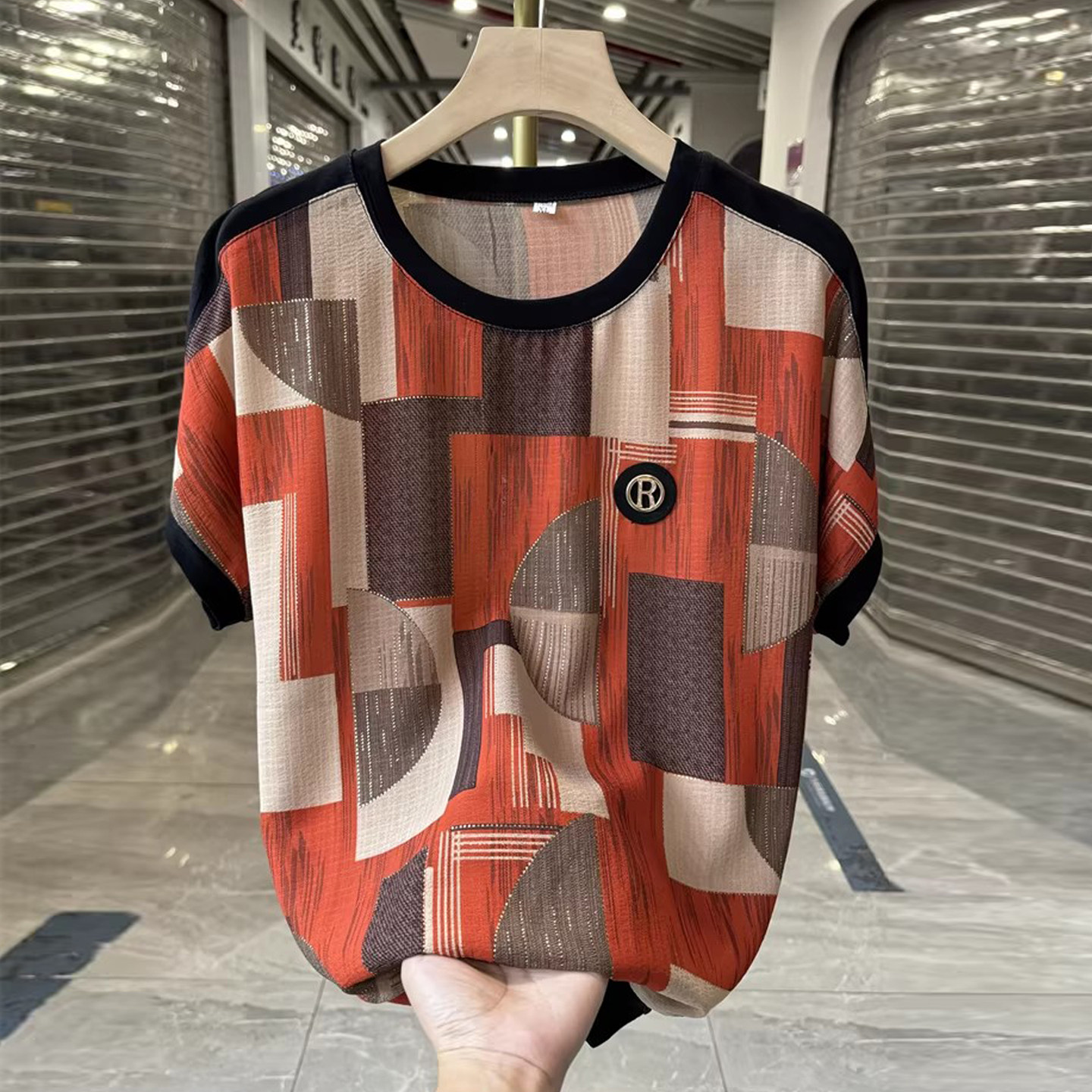 时尚妈妈装格子短袖冰丝T恤衫夏装新款洋气减龄老太太中老年上衣