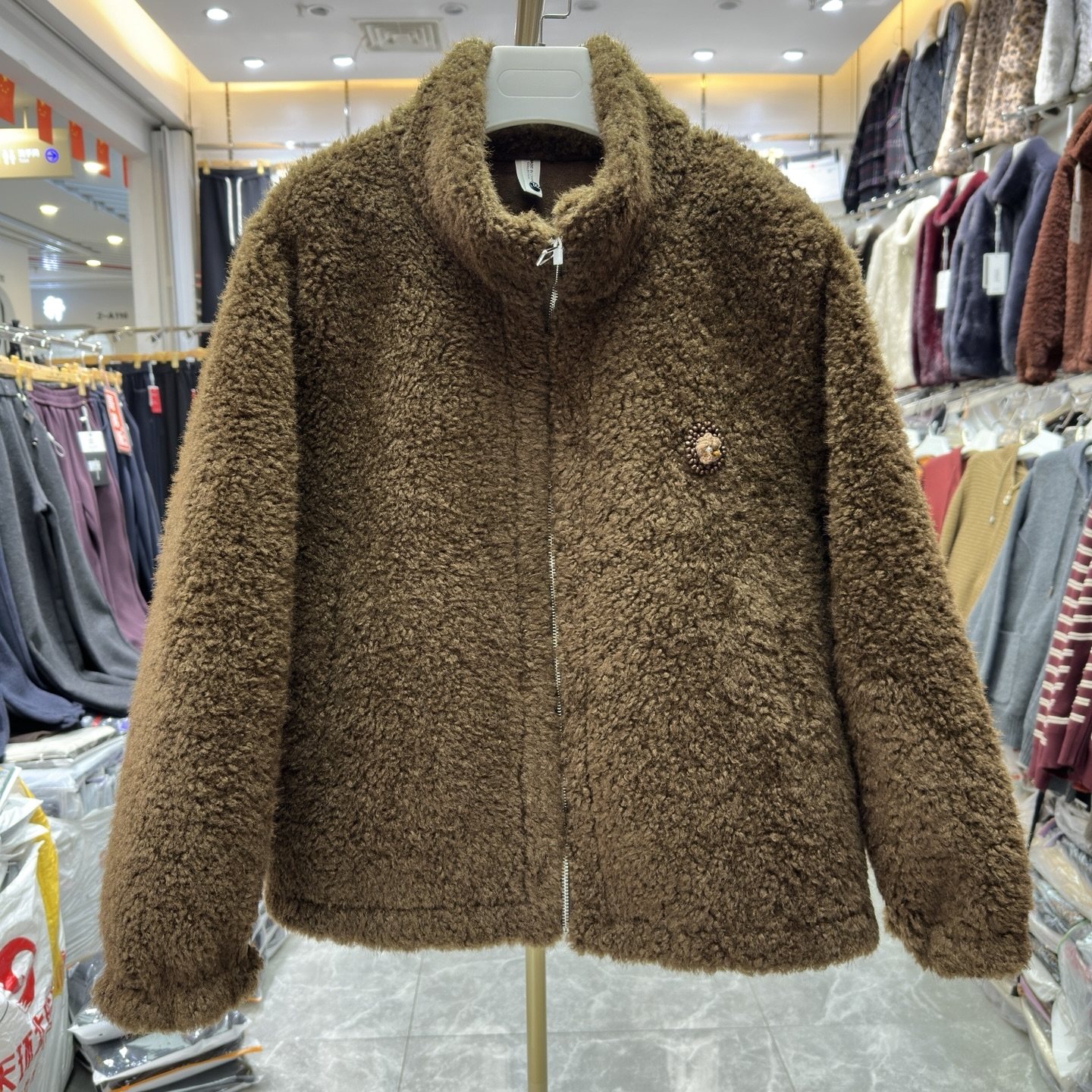 妈妈装立领拉链加厚毛绒绒外套