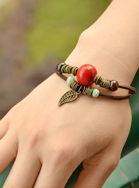 红珠手链带叶子波西米亚风原创