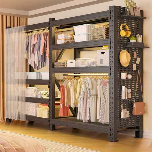 货架衣柜简易开放式家用多功能组装多层挂衣架卧室落地铁艺置物架