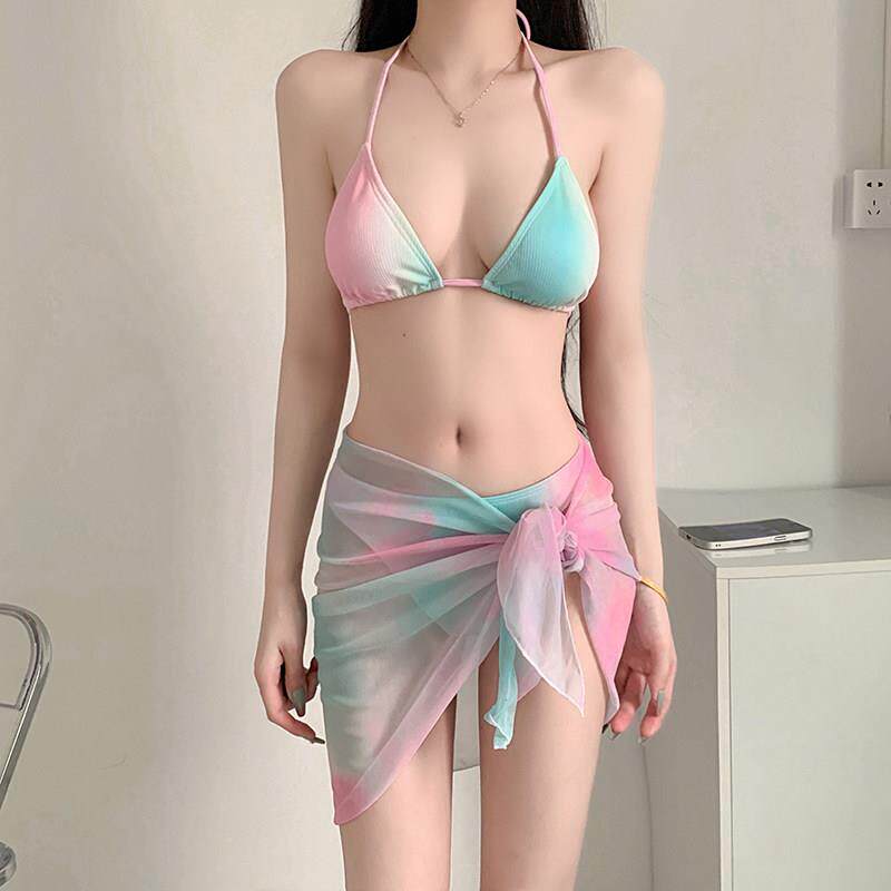新纪元泳衣女网红渐变粉显瘦性感比基尼三件套围纱分体海边温泉度