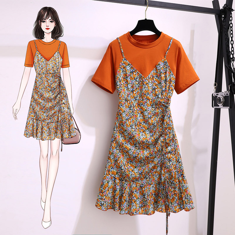 Real shot large size women's summer fat mm small daisy floral dress waist slim fashion fake two skirts