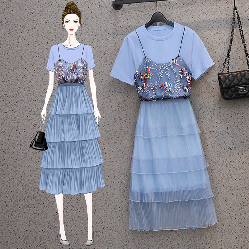 Big size women's summer new style fat sister age reduction foreign style show thin cover meat Xinji dress two piece suit