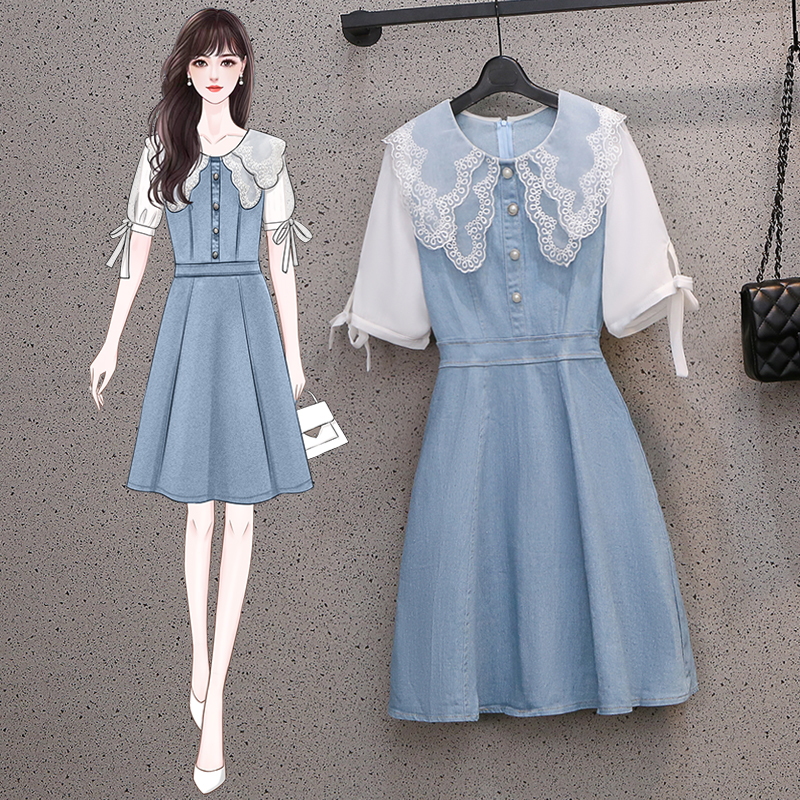 Big size women's summer new fat sister age reduction cover belly waist show thin smart denim dress