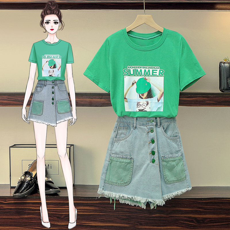 Real shot large size women's summer new style mm girl foreign style age reduction short sleeve top slim jeans suit two piece set