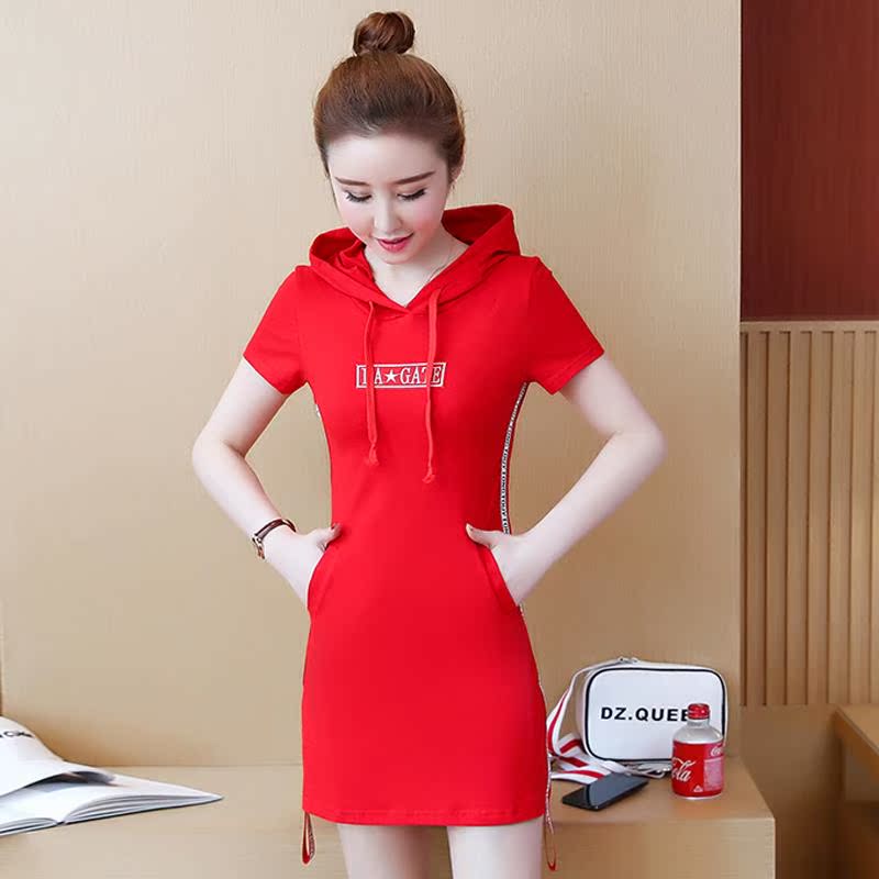 夏季短袖连帽卫衣女薄款2025新款韩版休闲运动连衣裙中长款t恤裙