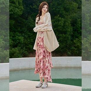 呼呼huhoo 桑蚕丝天丝半身裙女晕染玫瑰花卉荷叶边法式复古