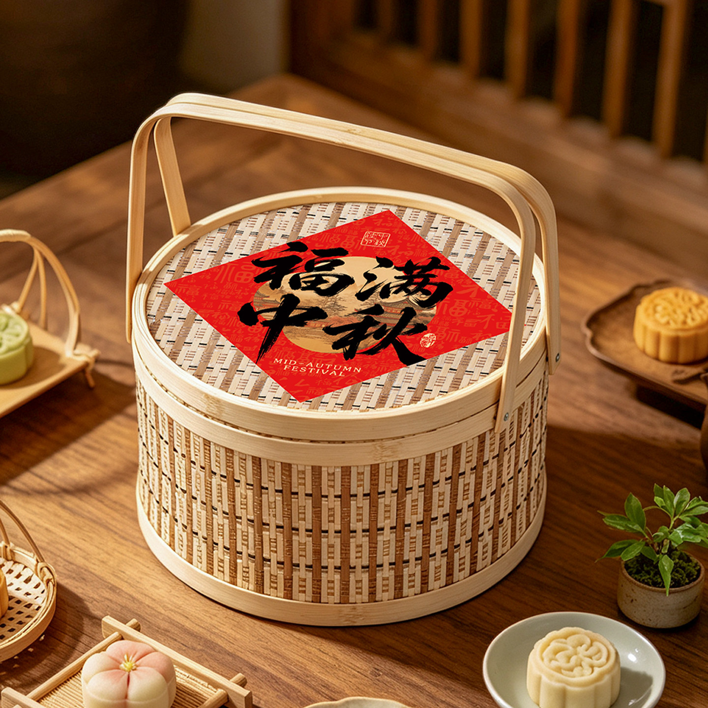 中秋节月饼礼盒空盒高档手提竹篮中式点心糕点礼品包装盒送礼定制