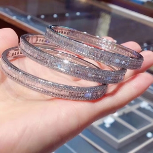 时尚气质款梯方满钻手镯女仿钻石手环纯银镀白金T方排钻群镶手链