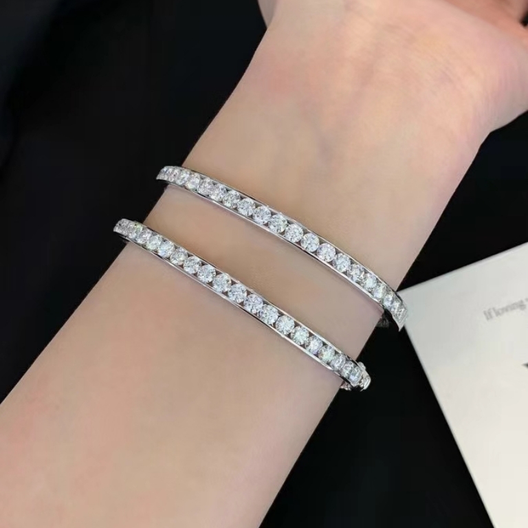 满钻莫桑石手镯D色过测钻笔纯银镀18k白金仿钻石镯子手链女定制