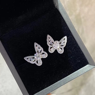 甜美蝴蝶莫桑石耳钉女925纯银白金满钻耳环仿钻石耳坠防过敏礼物