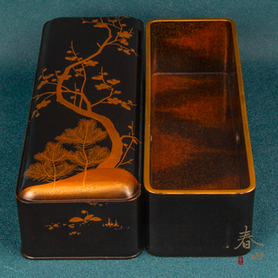 漆器 明治时期日本收藏级梨地梅花松枝手工莳绘金彩木漆盒