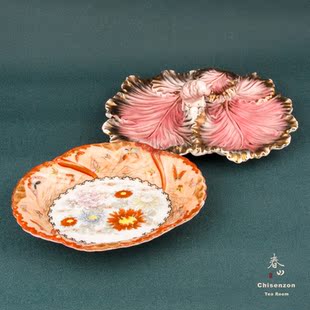 明治时期日本外销九谷烧手绘瓷盘浮雕鹦鹉赤绘蝴蝶纹Nippon