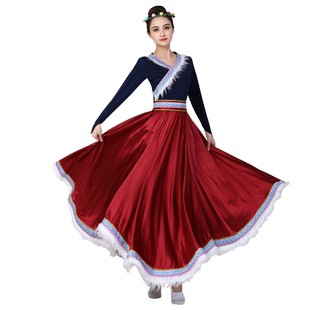 藏族舞蹈演出服装大摆裙女成人夏套装艺考练功民族服饰练功表演服