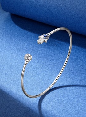 尚美伯爵S925纯银包镶圆形锆石法蒂玛之手开口手镯女欧美轻奢手链