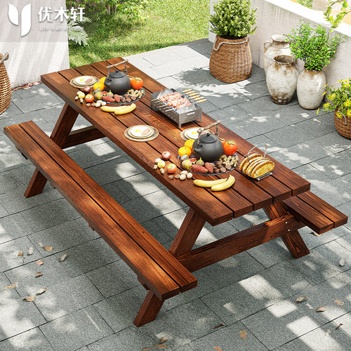 庭院防腐木围炉烧烤桌一体桌商用